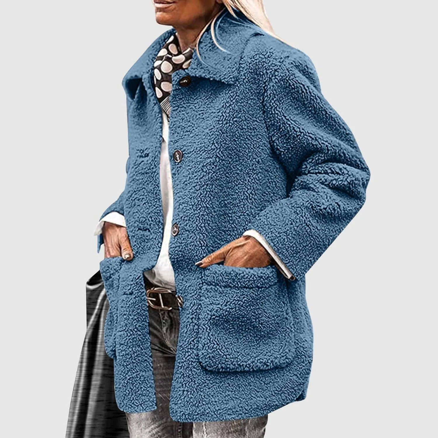 Sherpa Jacket Women Baggy Fleece Winter Coats Button Down Lapel Faux Fur Coat Comfy Fuzzy Warm Jackets with Pockets