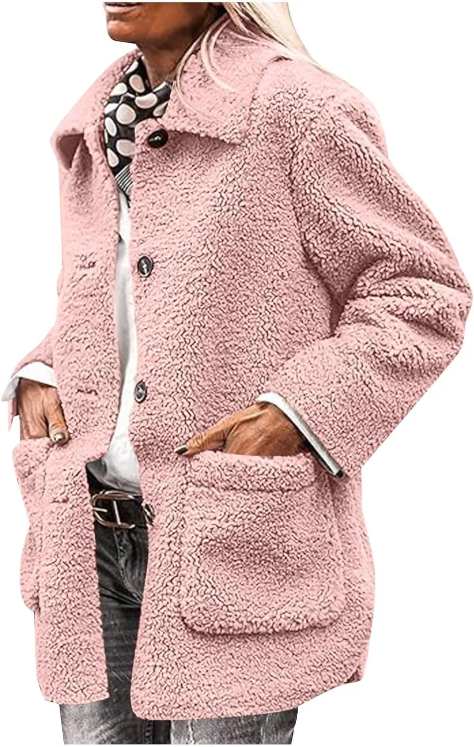 Sherpa Jacket Women Baggy Fleece Winter Coats Button Down Lapel Faux Fur Coat Comfy Fuzzy Warm Jackets with Pockets