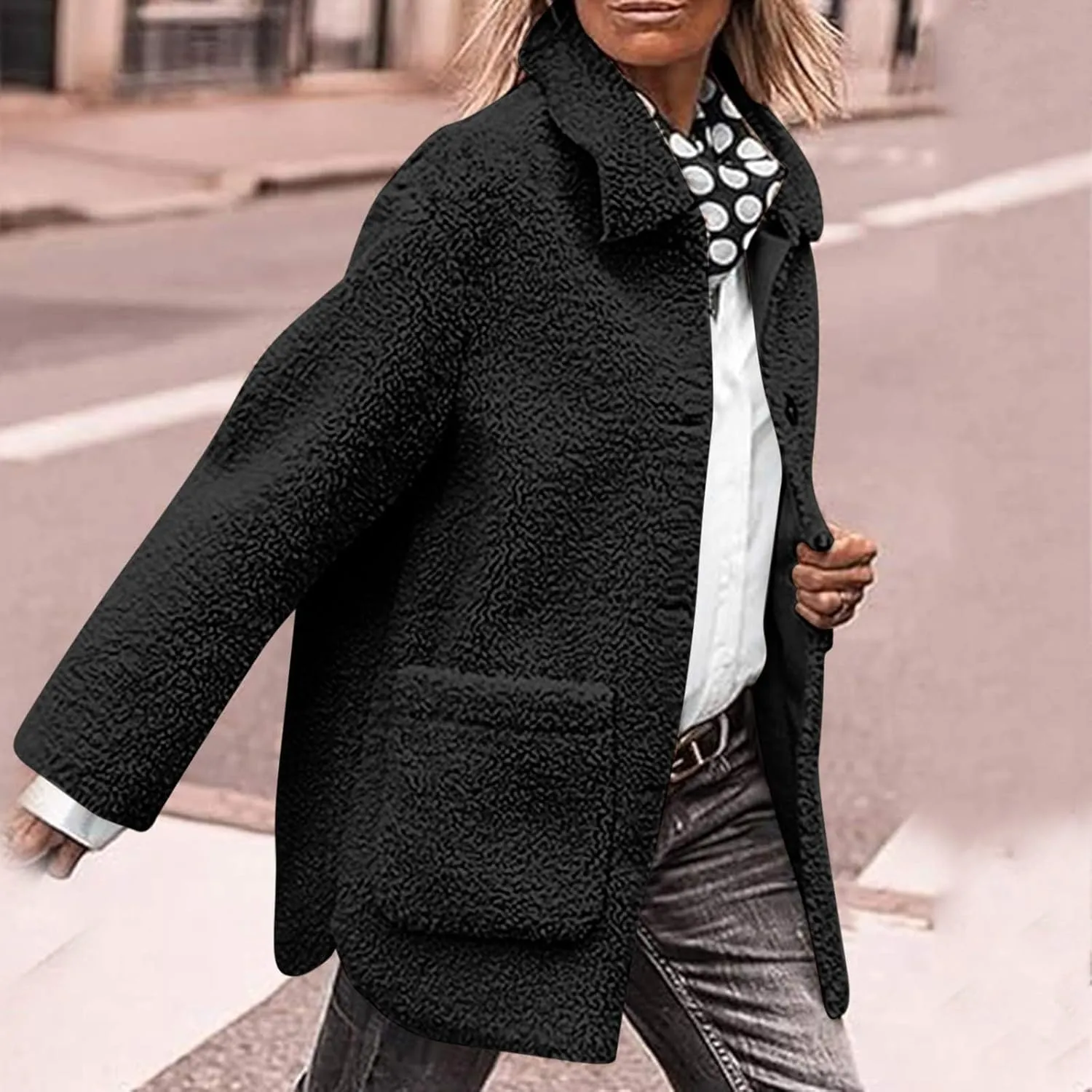 Sherpa Jacket Women Baggy Fleece Winter Coats Button Down Lapel Faux Fur Coat Comfy Fuzzy Warm Jackets with Pockets