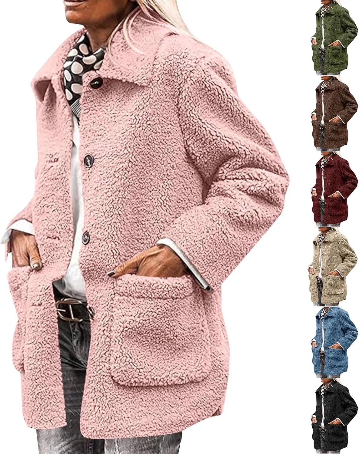 Sherpa Jacket Women Baggy Fleece Winter Coats Button Down Lapel Faux Fur Coat Comfy Fuzzy Warm Jackets with Pockets