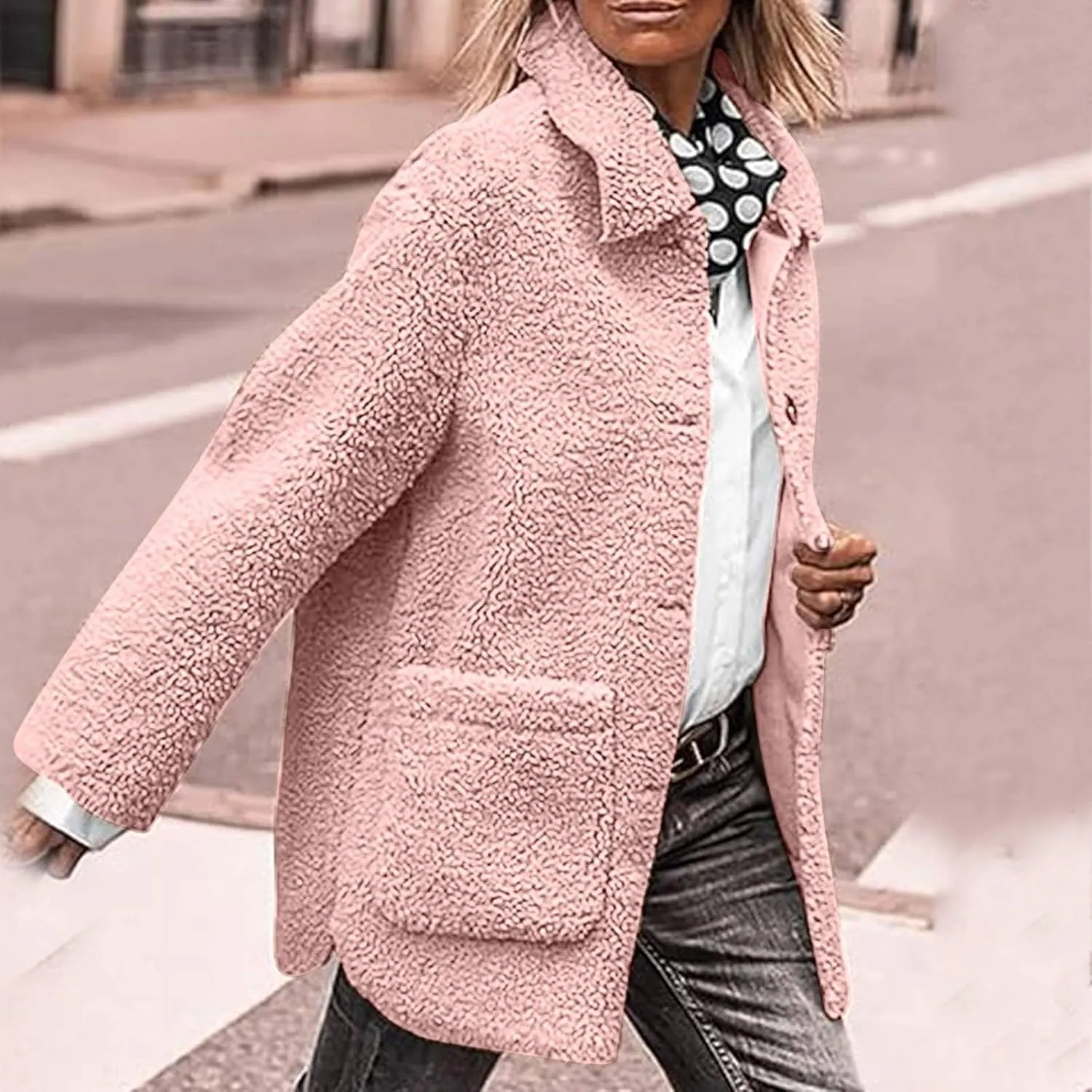 Sherpa Jacket Women Baggy Fleece Winter Coats Button Down Lapel Faux Fur Coat Comfy Fuzzy Warm Jackets with Pockets