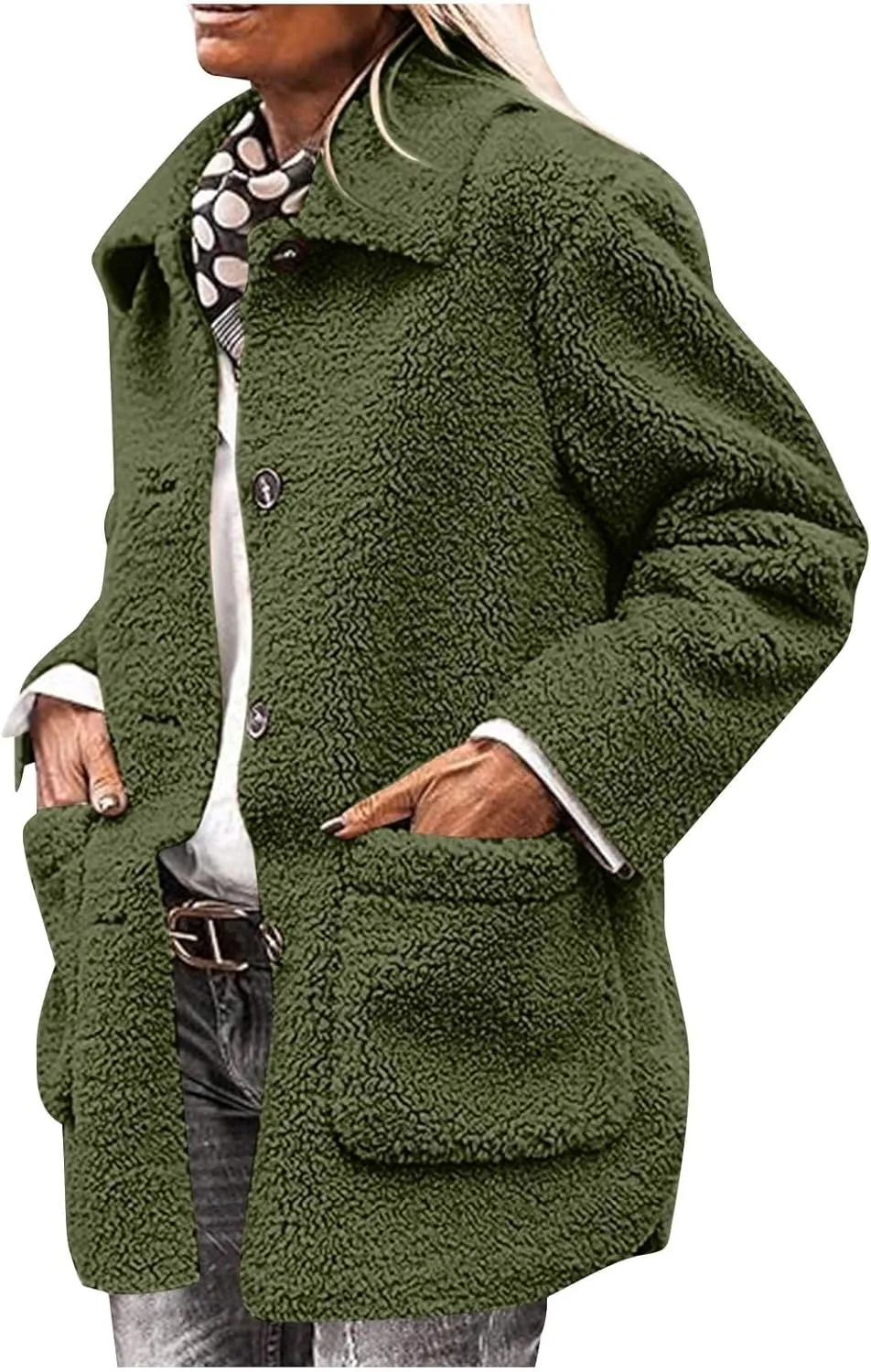 Sherpa Jacket Women Baggy Fleece Winter Coats Button Down Lapel Faux Fur Coat Comfy Fuzzy Warm Jackets with Pockets