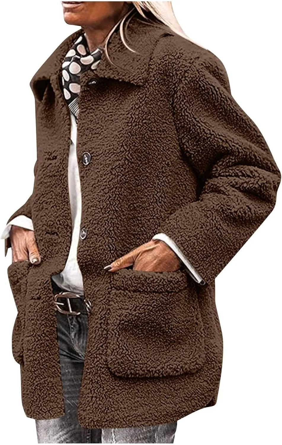 Sherpa Jacket Women Baggy Fleece Winter Coats Button Down Lapel Faux Fur Coat Comfy Fuzzy Warm Jackets with Pockets