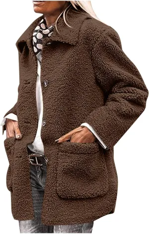 Sherpa Jacket Women Baggy Fleece Winter Coats Button Down Lapel Faux Fur Coat Comfy Fuzzy Warm Jackets with Pockets