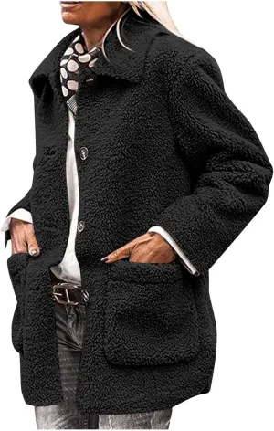 Sherpa Jacket Women Baggy Fleece Winter Coats Button Down Lapel Faux Fur Coat Comfy Fuzzy Warm Jackets with Pockets