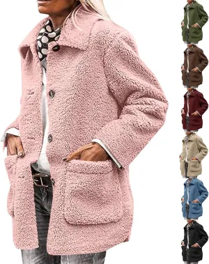 Sherpa Jacket Women Baggy Fleece Winter Coats Button Down Lapel Faux Fur Coat Comfy Fuzzy Warm Jackets with Pockets