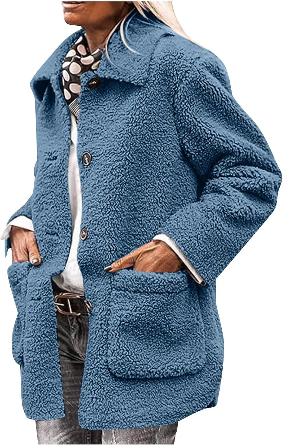 Sherpa Jacket Women Baggy Fleece Winter Coats Button Down Lapel Faux Fur Coat Comfy Fuzzy Warm Jackets with Pockets