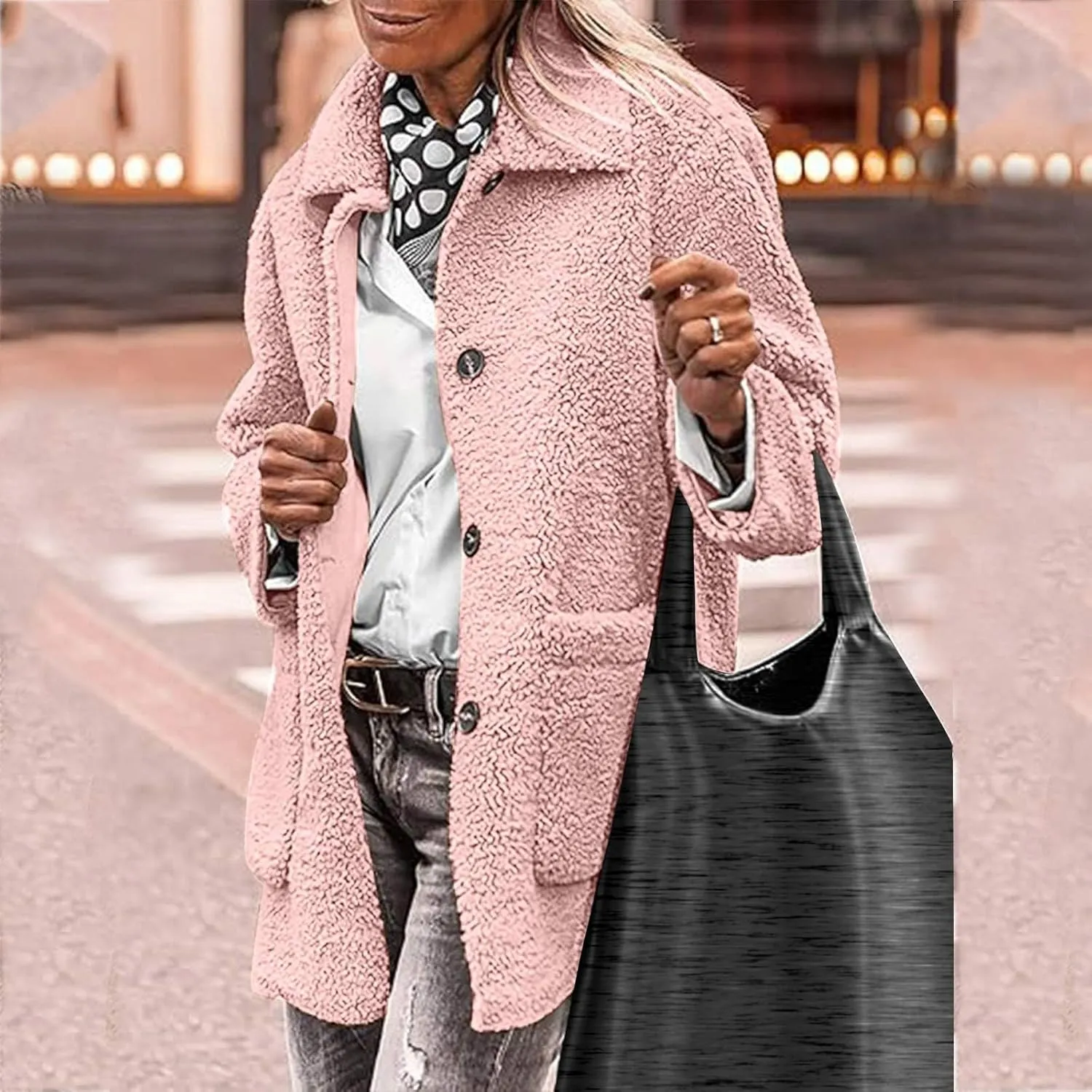 Sherpa Jacket Women Baggy Fleece Winter Coats Button Down Lapel Faux Fur Coat Comfy Fuzzy Warm Jackets with Pockets
