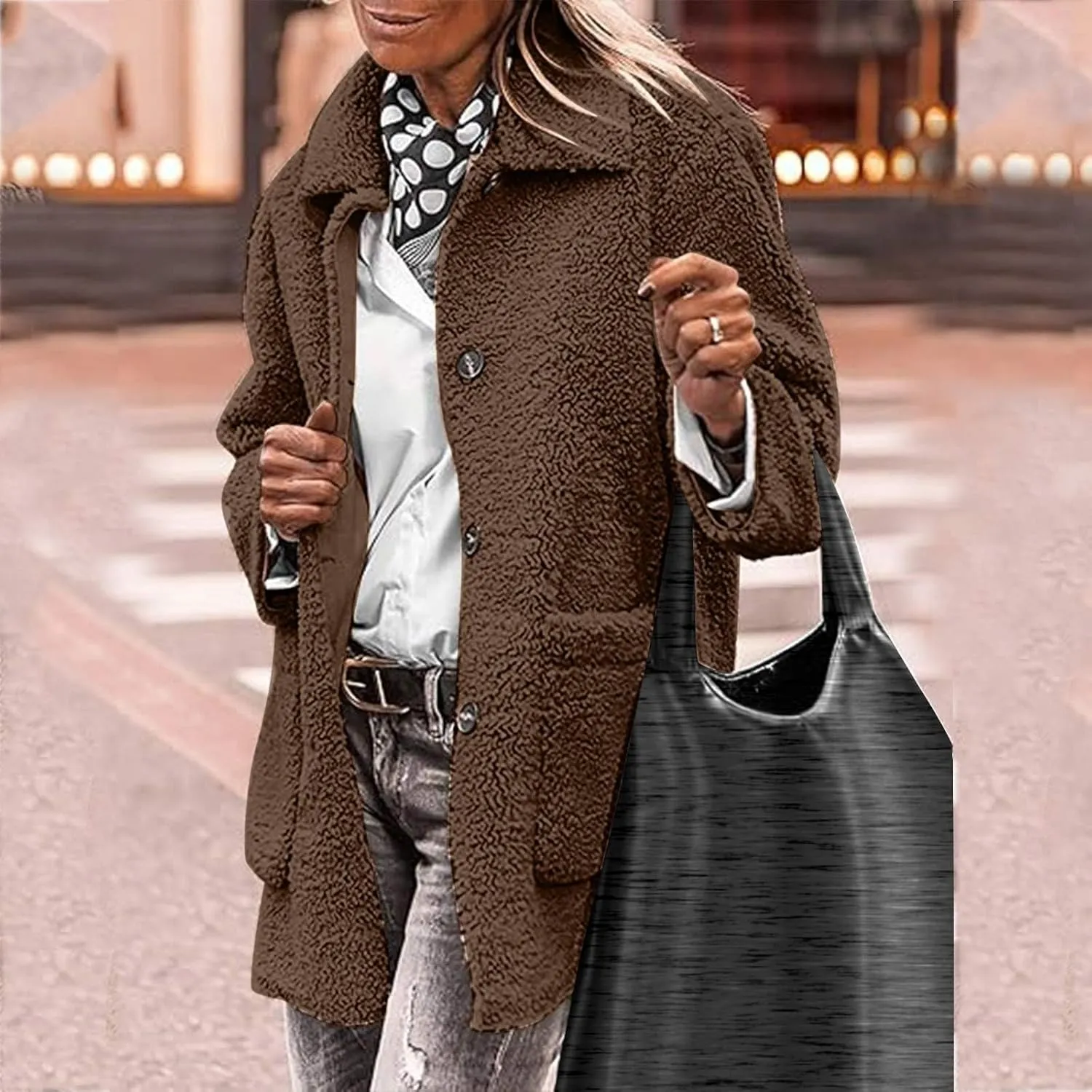 Sherpa Jacket Women Baggy Fleece Winter Coats Button Down Lapel Faux Fur Coat Comfy Fuzzy Warm Jackets with Pockets