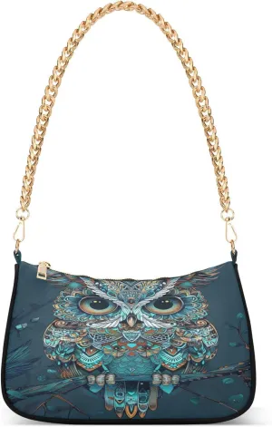 Shoulder Bags for Women Owl Turquoise and Brown Ornate Feathers Hobo Tote Handbag Small Clutch Purse with Zipper Closure