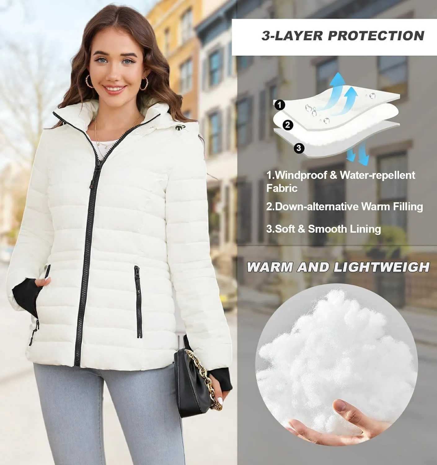 SLOWTOWN Womens Lightweight Puffer Jacket Packable Hooded Puffer Jacket Winter Puffy Coat