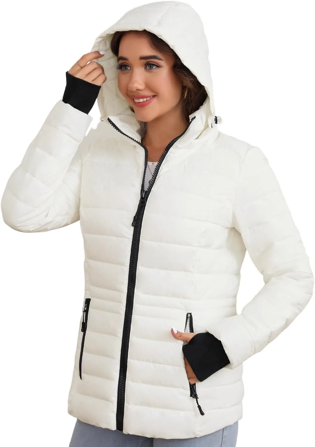 SLOWTOWN Womens Lightweight Puffer Jacket Packable Hooded Puffer Jacket Winter Puffy Coat