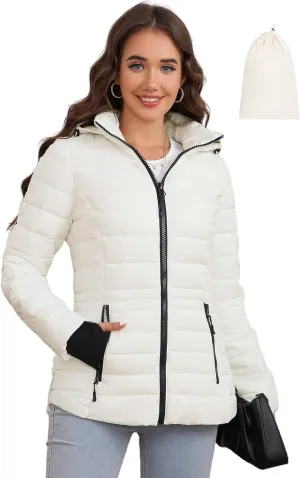 SLOWTOWN Womens Lightweight Puffer Jacket Packable Hooded Puffer Jacket Winter Puffy Coat
