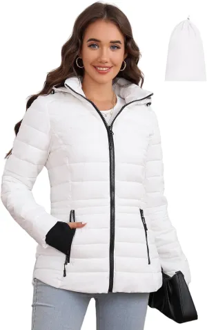 SLOWTOWN Womens Lightweight Puffer Jacket Packable Hooded Puffer Jacket Winter Puffy Coat