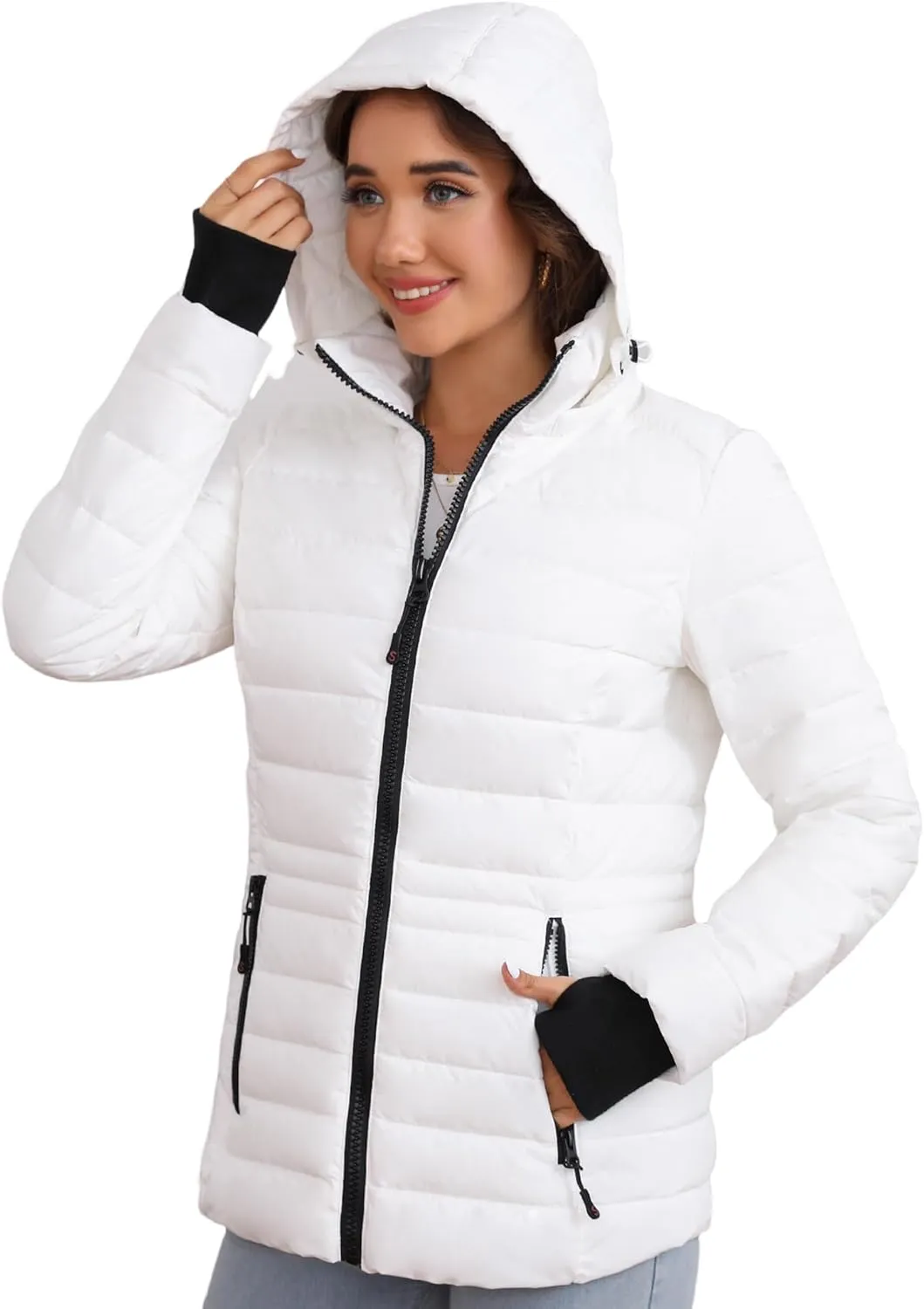 SLOWTOWN Womens Lightweight Puffer Jacket Packable Hooded Puffer Jacket Winter Puffy Coat