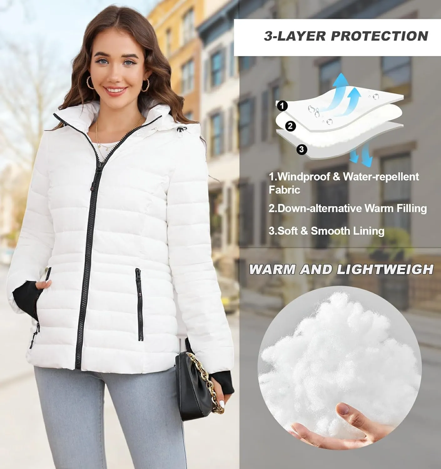 SLOWTOWN Womens Lightweight Puffer Jacket Packable Hooded Puffer Jacket Winter Puffy Coat