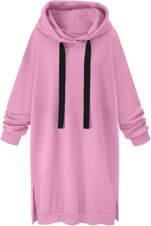 Stessotudo Oversized Long Hoodies for Women Solid Fleece Loose Fit Lounge Sweatshirts Drawstring Casual Comfy Hoodie Dress