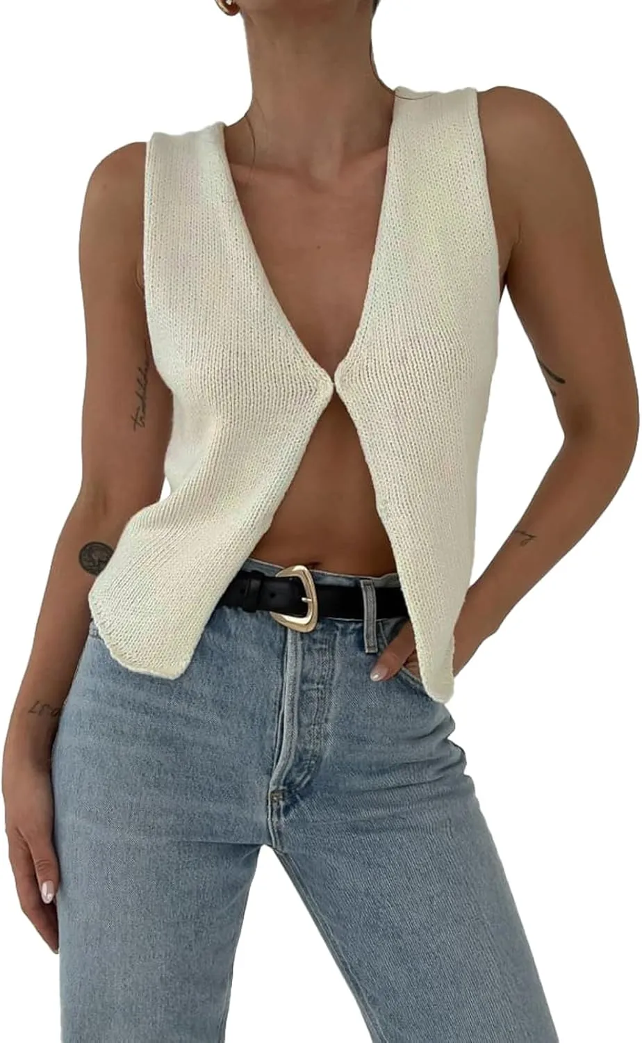 Sweater Tank Tops for Women Y2K Sleeveless Basic V Neck Crochet Knit Vest Sexy Button Down Crop Tank Top Streetwear