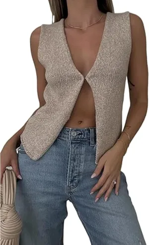 Sweater Tank Tops for Women Y2K Sleeveless Basic V Neck Crochet Knit Vest Sexy Button Down Crop Tank Top Streetwear