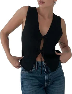 Sweater Tank Tops for Women Y2K Sleeveless Basic V Neck Crochet Knit Vest Sexy Button Down Crop Tank Top Streetwear