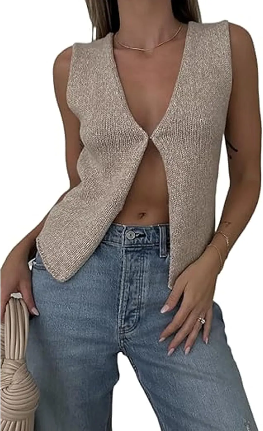 Sweater Tank Tops for Women Y2K Sleeveless Basic V Neck Crochet Knit Vest Sexy Button Down Crop Tank Top Streetwear