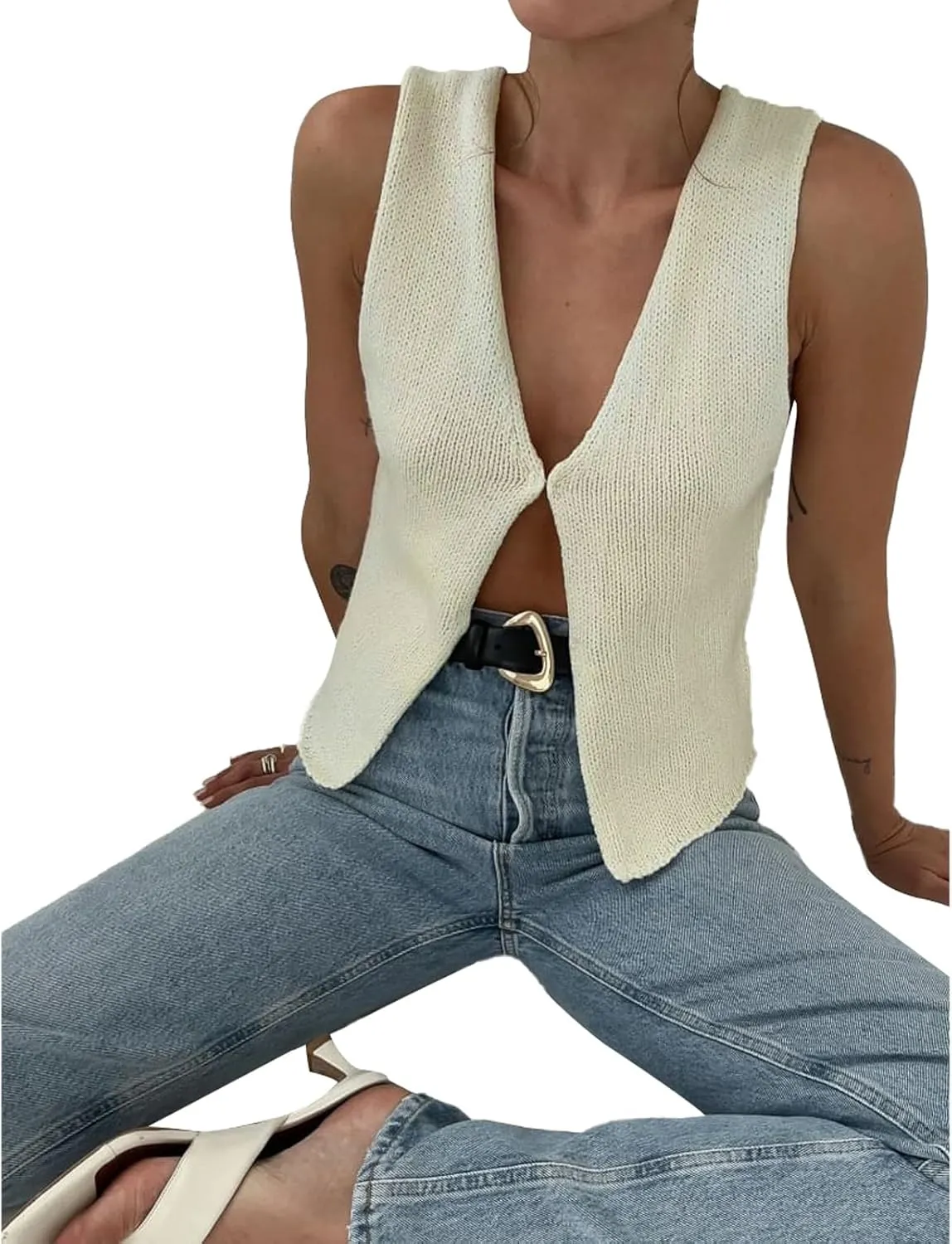 Sweater Tank Tops for Women Y2K Sleeveless Basic V Neck Crochet Knit Vest Sexy Button Down Crop Tank Top Streetwear