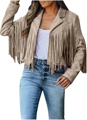 TARIENDY Fringe Outfits for Women Ladies Tassel Faux Suede Leather Cardigan Long Sleeve Outfits Cropped Fringe Outerwear