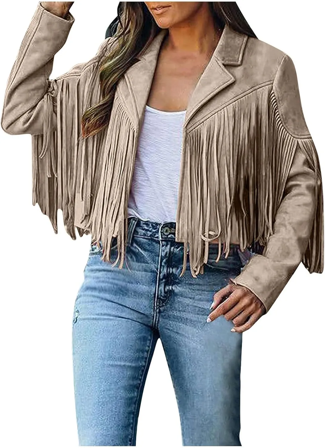 TARIENDY Fringe Outfits for Women Ladies Tassel Faux Suede Leather Cardigan Long Sleeve Outfits Cropped Fringe Outerwear