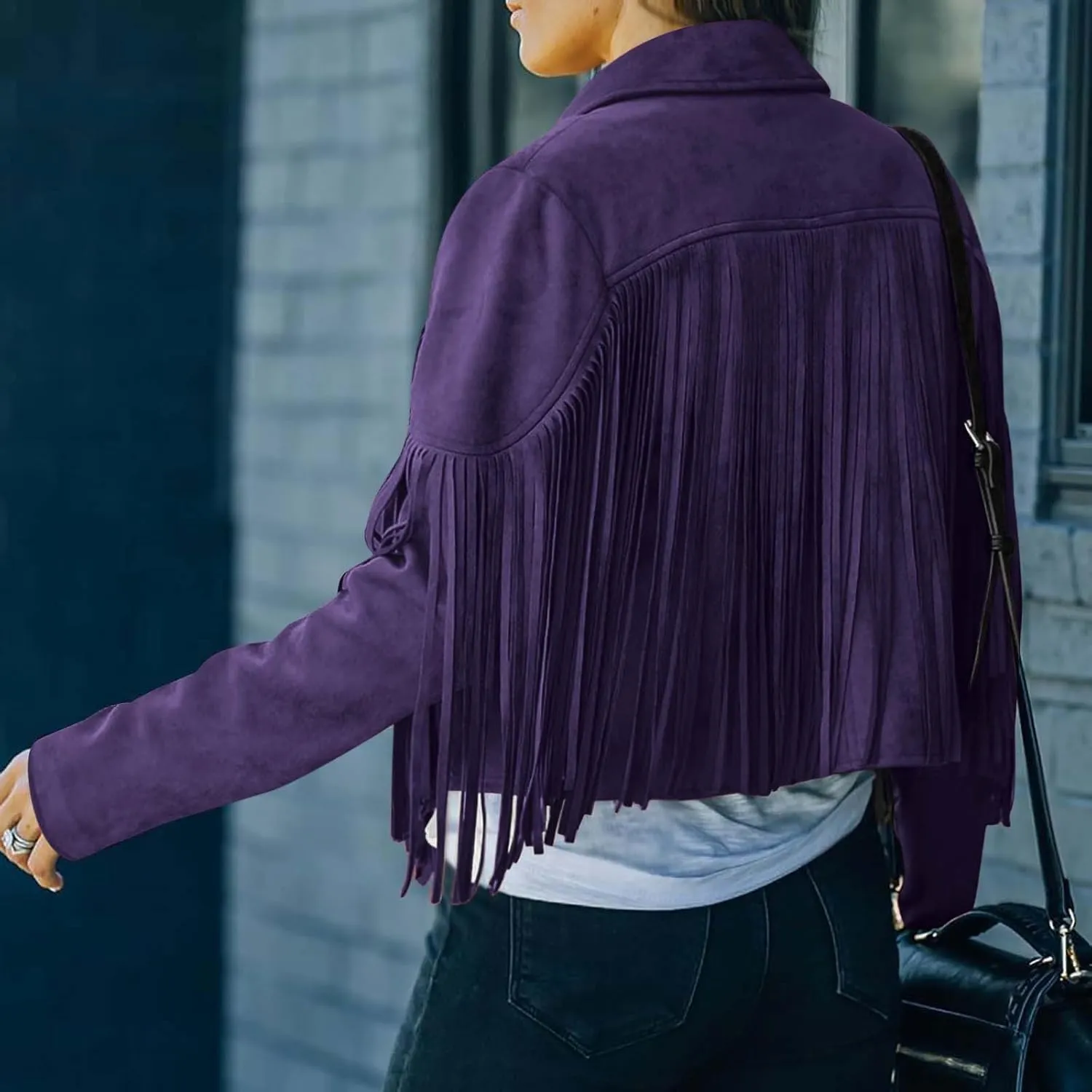 TARIENDY Fringe Outfits for Women Ladies Tassel Faux Suede Leather Cardigan Long Sleeve Outfits Cropped Fringe Outerwear
