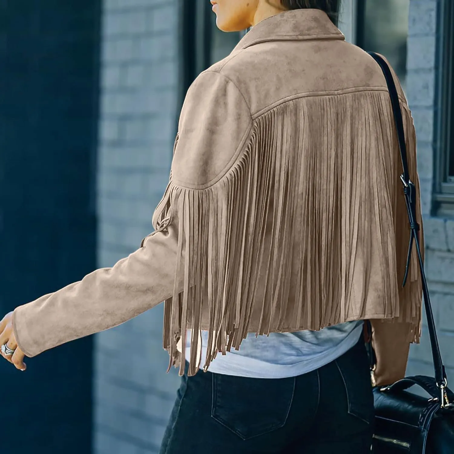 TARIENDY Fringe Outfits for Women Ladies Tassel Faux Suede Leather Cardigan Long Sleeve Outfits Cropped Fringe Outerwear