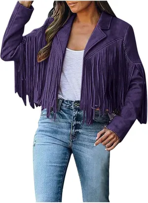 TARIENDY Fringe Outfits for Women Ladies Tassel Faux Suede Leather Cardigan Long Sleeve Outfits Cropped Fringe Outerwear