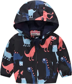 Toddler Dinosaur Print Hooded Coat Casual Kids Windproof Trench Zip Jacket Unisex Comfy Down Winter Outerwear