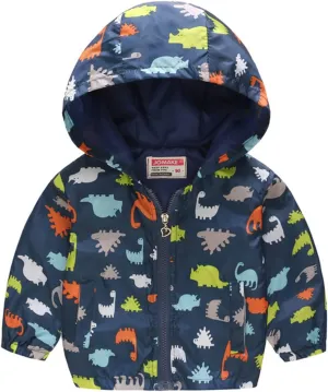 Toddler Dinosaur Print Hooded Coat Casual Kids Windproof Trench Zip Jacket Unisex Comfy Down Winter Outerwear