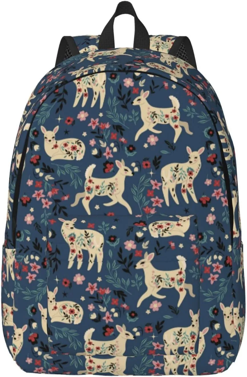 Travel Laptop Backpack - Rustic Flower Cute Deer Computer Canvas Backpack Bag with Adjustable Straps
