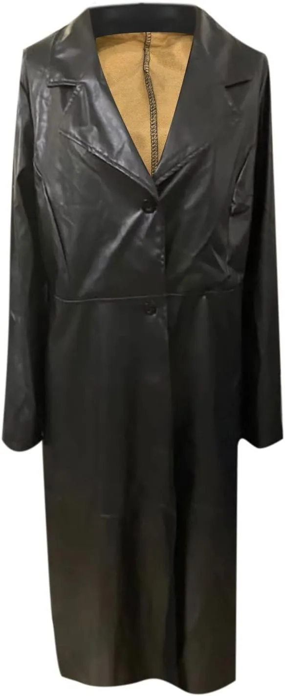 tuduoms Long Faux Leather Trench Coat for Women Button Down Ankle Length Maxi PU Jackets 2022 Ladies Lapel Coat Outwear