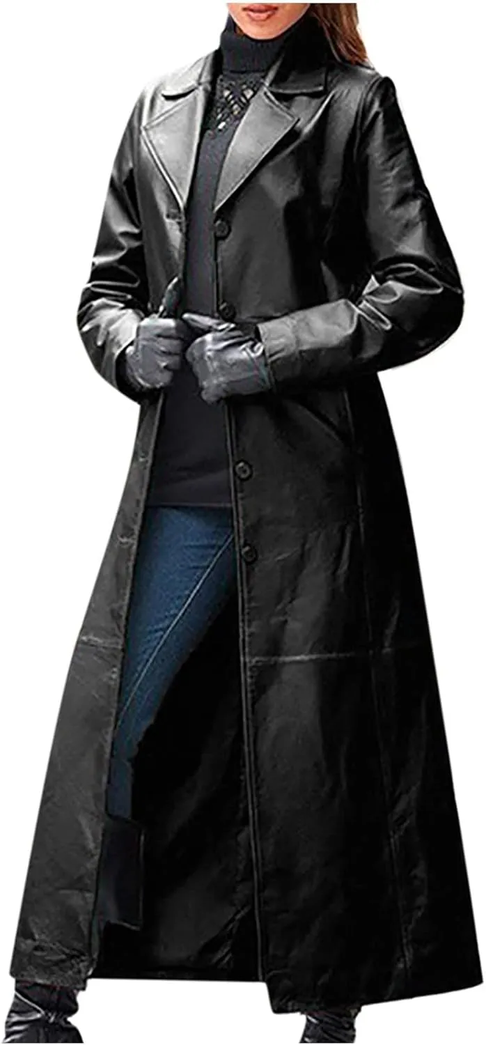 tuduoms Long Faux Leather Trench Coat for Women Button Down Ankle Length Maxi PU Jackets 2022 Ladies Lapel Coat Outwear