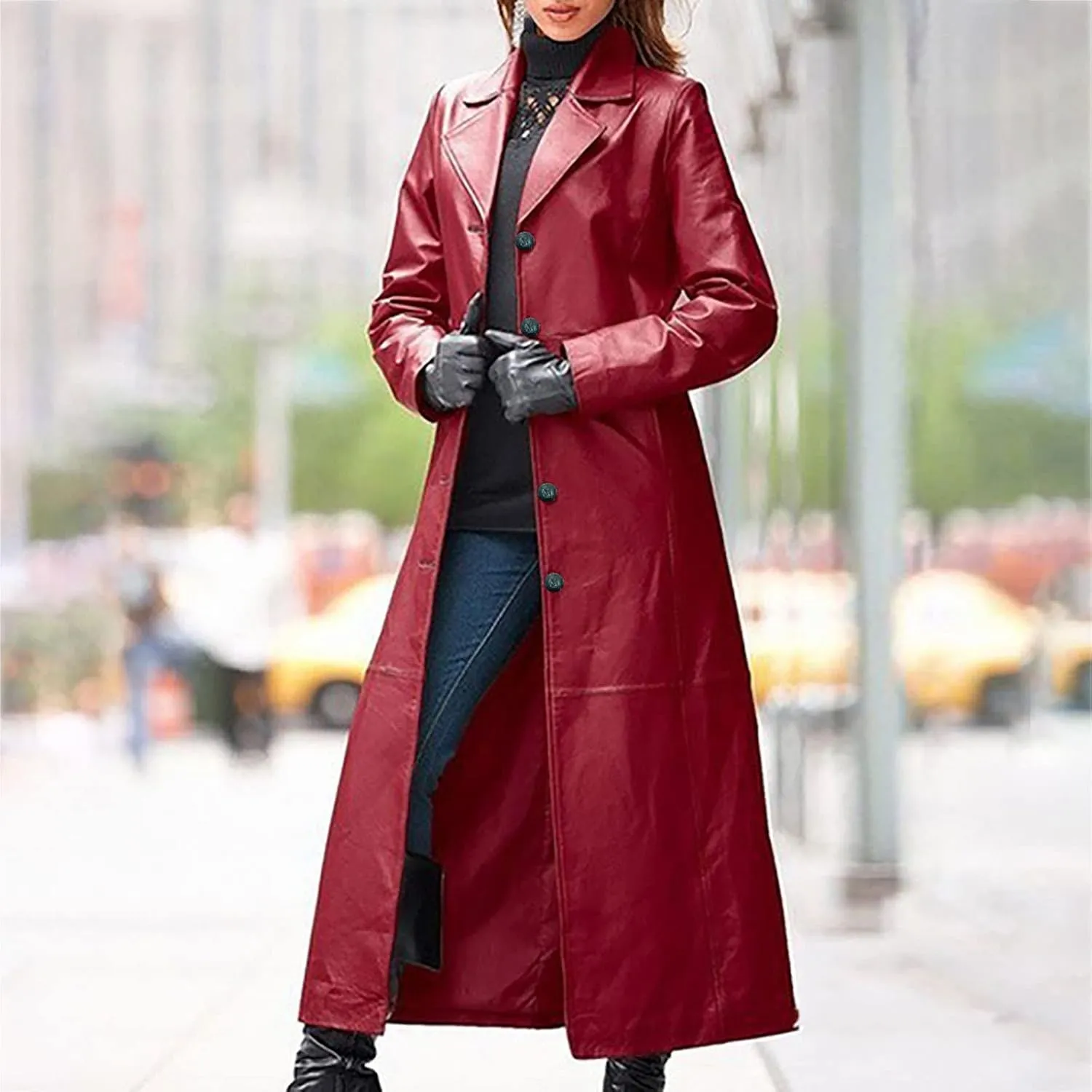 tuduoms Long Faux Leather Trench Coat for Women Button Down Ankle Length Maxi PU Jackets 2022 Ladies Lapel Coat Outwear