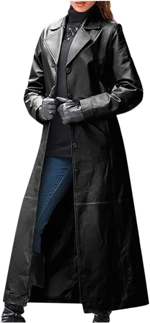 tuduoms Long Faux Leather Trench Coat for Women Button Down Ankle Length Maxi PU Jackets 2022 Ladies Lapel Coat Outwear