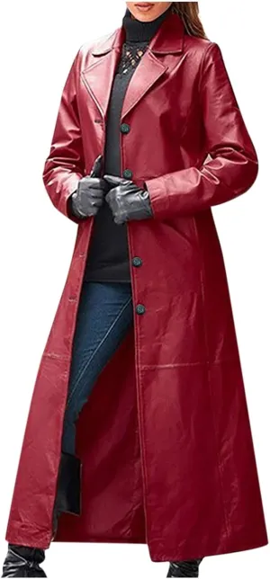 tuduoms Long Faux Leather Trench Coat for Women Button Down Ankle Length Maxi PU Jackets 2022 Ladies Lapel Coat Outwear