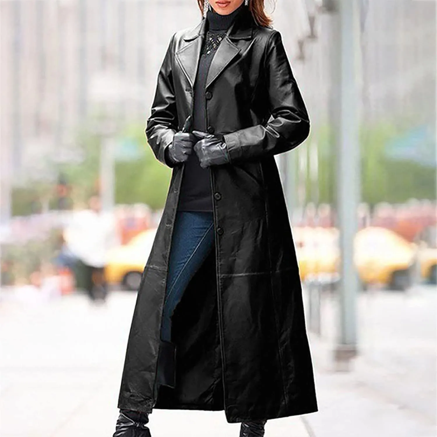 tuduoms Long Faux Leather Trench Coat for Women Button Down Ankle Length Maxi PU Jackets 2022 Ladies Lapel Coat Outwear
