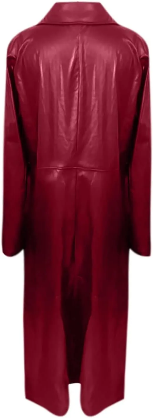 tuduoms Long Faux Leather Trench Coat for Women Button Down Ankle Length Maxi PU Jackets 2022 Ladies Lapel Coat Outwear