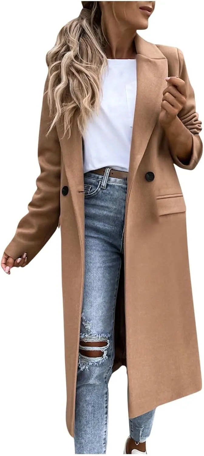 tuduoms Women's Double Breasted Duster Trench Coat Slim Mid-length Maxi Long Overcoat Elegant Solid Color Wool Blend Pea Coat