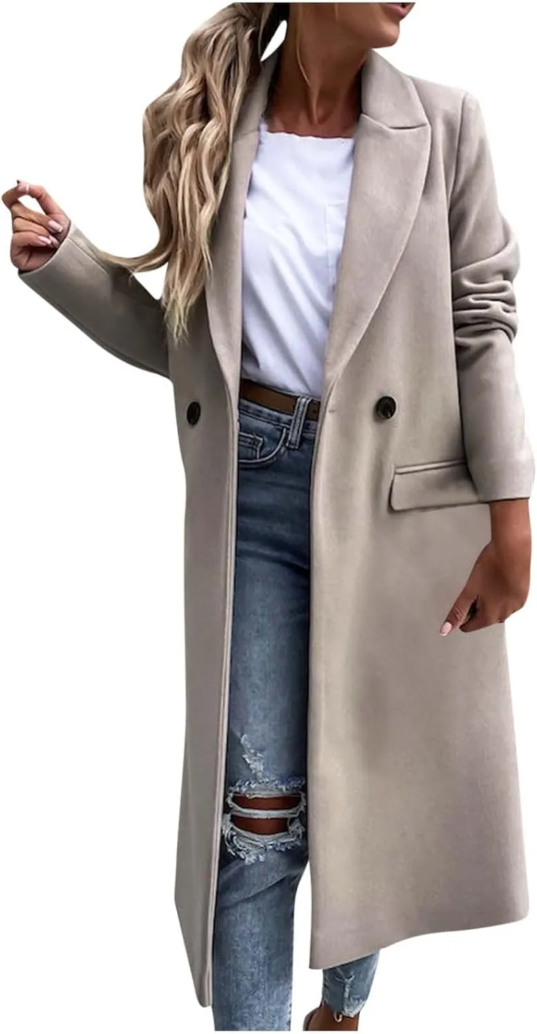 tuduoms Women's Double Breasted Duster Trench Coat Slim Mid-length Maxi Long Overcoat Elegant Solid Color Wool Blend Pea Coat