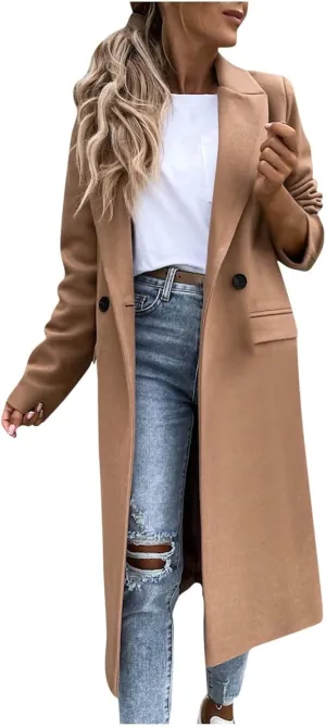 tuduoms Women's Double Breasted Duster Trench Coat Slim Mid-length Maxi Long Overcoat Elegant Solid Color Wool Blend Pea Coat
