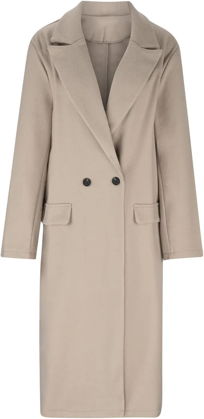 tuduoms Women's Double Breasted Duster Trench Coat Slim Mid-length Maxi Long Overcoat Elegant Solid Color Wool Blend Pea Coat