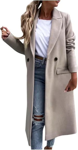 tuduoms Women's Double Breasted Duster Trench Coat Slim Mid-length Maxi Long Overcoat Elegant Solid Color Wool Blend Pea Coat