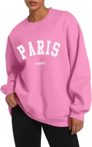Tuislay Paris College Sweatshirt for Women Oversized Trendy Comfy Crewneck Sweatshirts Casual Graphic Pullover Tops Unisex