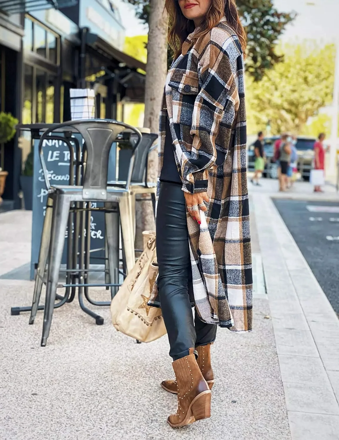 UANEO Plaid Coat Women Button Down Long Plaid Jacket Fall Flannel Trench Coat