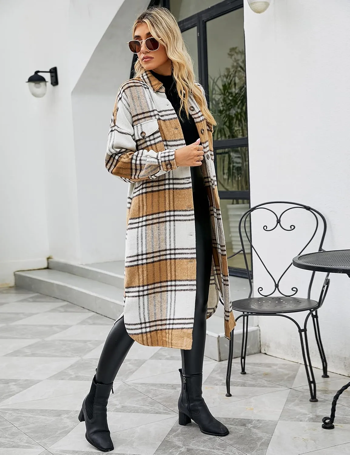 UANEO Plaid Coat Women Button Down Long Plaid Jacket Fall Flannel Trench Coat