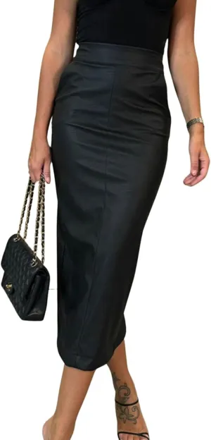 utcoco Womens Long Faux Leather Skirt Bodycon High Waist Slim Pencil Midi Skirt with Pockets